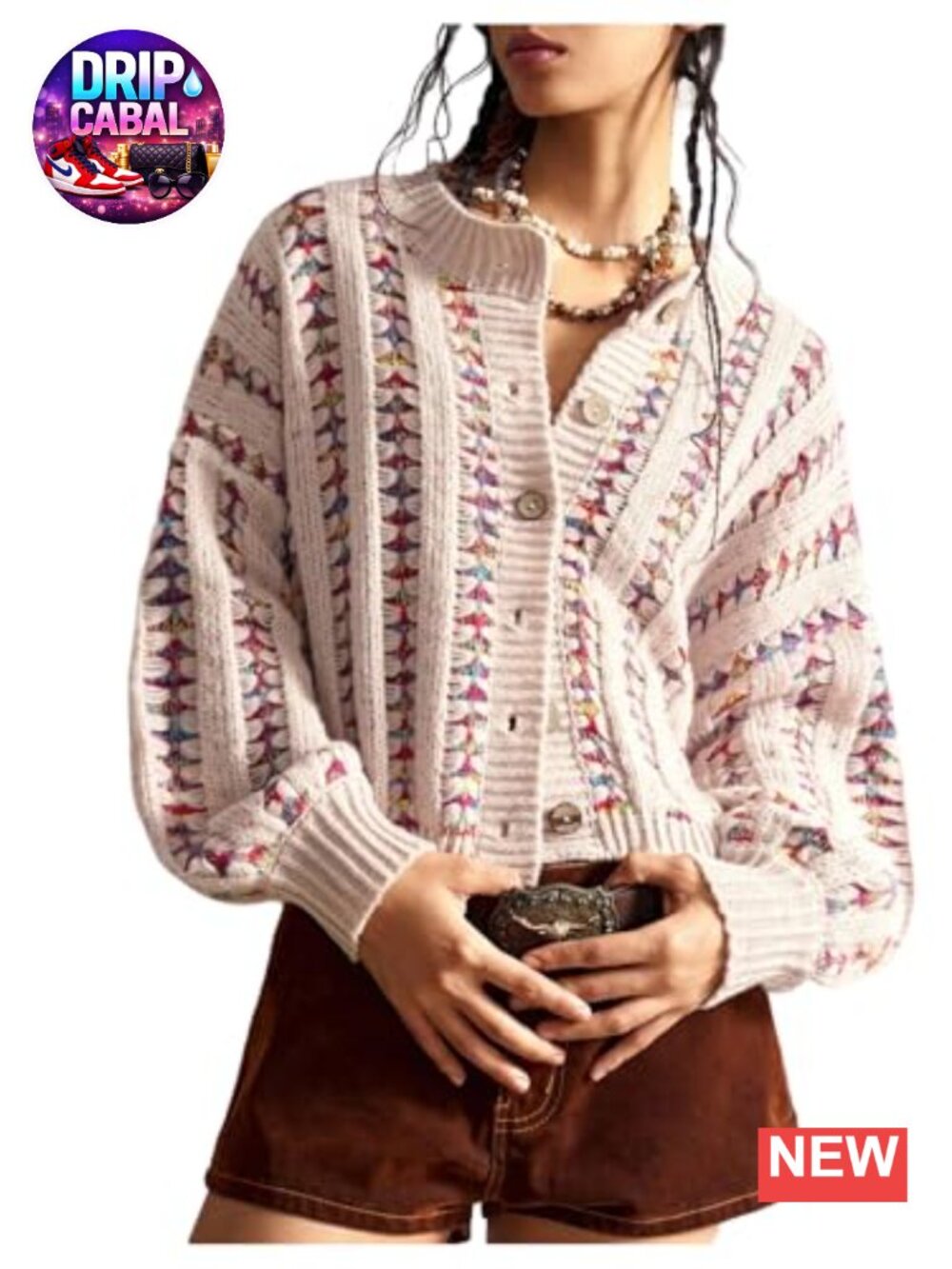 Boho Striped Cropped Cardigan Long Sleeve Button Up Sweater